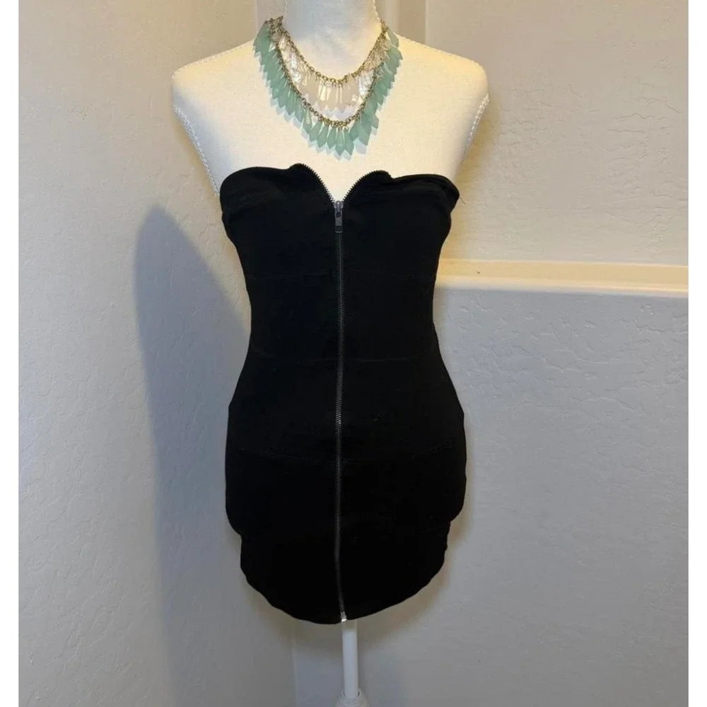 Black Strapless Mini Dress‎ Womens Small Zip Front Bodycon Stretch Tube Dress